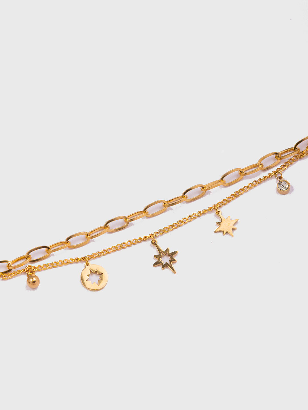 18KT Gold-Plated Women’s Layered Curb & Cable Chain Bracelet with Star Charm & Lobster Clasp | Waterproof, Hypoallergenic, Tarnish-Free