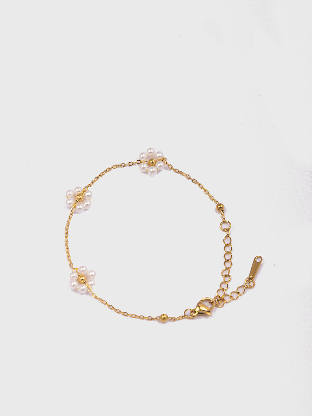 18KT Gold-Plated Women’s Dainty Chain Bracelet with 3 Bead Flowers & Lobster Clasp | Waterproof, Hypoallergenic, Tarnish-Free