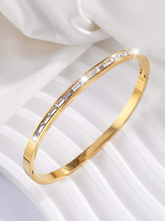 18KT Gold-Plated Women’s Rhinestones Bangle Bracelet with Lock | Waterproof, Hypoallergenic, Tarnish-Free