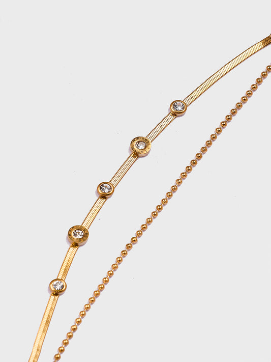 18KT Gold-Plated Women’s Zircon Herringbone ; Bead Chain Bracelet with Lobster Clasp | Waterproof, Hypoallergenic, Tarnish-Free