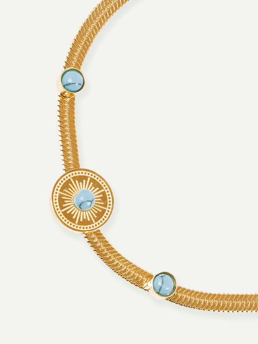 18KT Gold-Plated Women’s Blue Bead Herringbone Chain Bracelet with Lobster Clasp | Waterproof, Hypoallergenic, Tarnish-Free