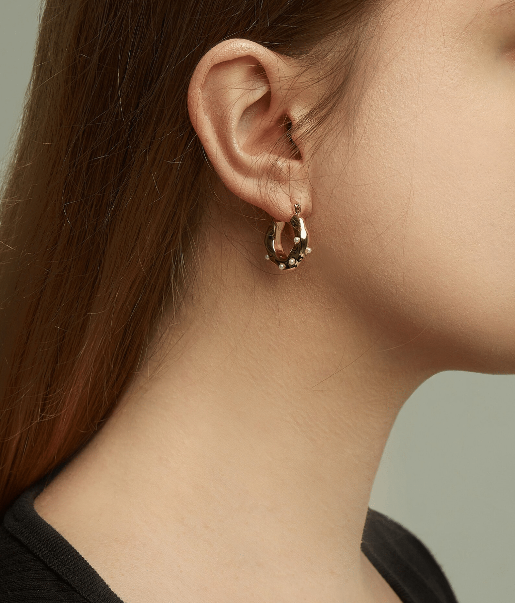 Gold Wave Hoop With Mini Pearls Earrings - OUZELJewellery