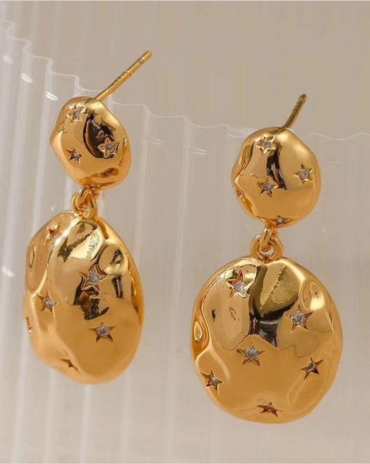 Gold Hammered Drop Stud Earrings with CZ Star