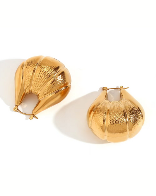 Gold Swirl Puffed Shrimp Hoop Earrings
