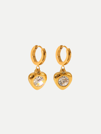 18KT Gold-Plated Puffy Heart Zircon Huggie Hoop Drop Earrings