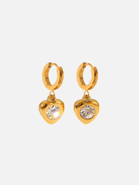 18KT Gold-Plated Puffy Heart Zircon Huggie Hoop Drop Earrings