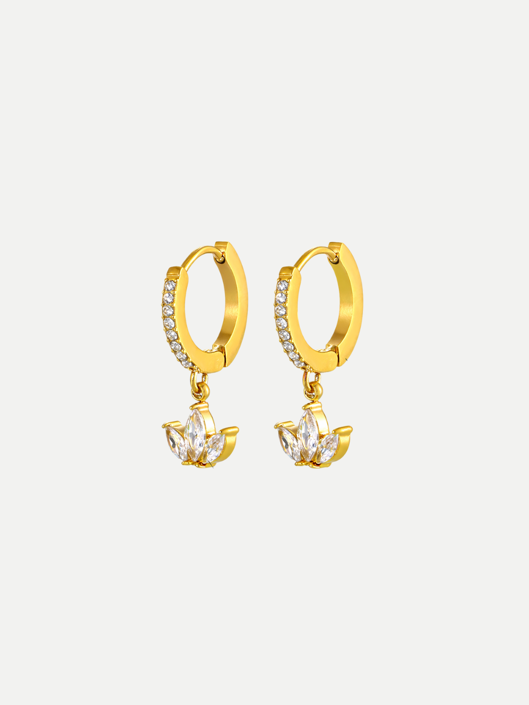 18KT Gold-Plated 3 Leaf Drop CZ Huggies Hoop Earrings