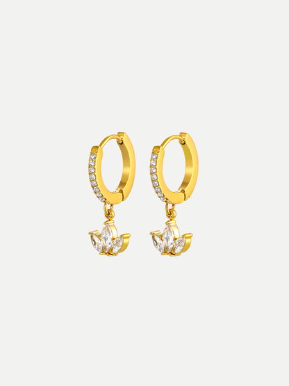 18KT Gold-Plated 3 Leaf Drop CZ Huggies Hoop Earrings
