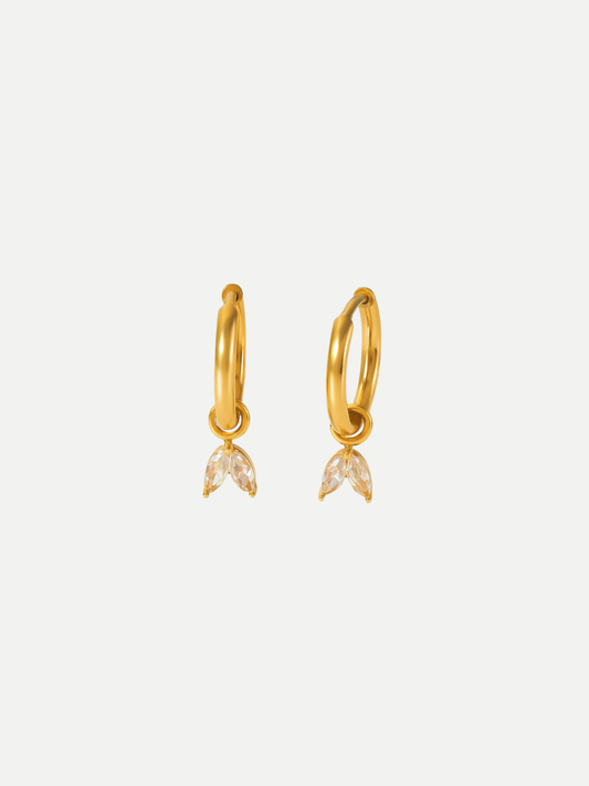 18KT Gold-Plated Double Leaf Zircon Drop Huggie Hoop Earrings