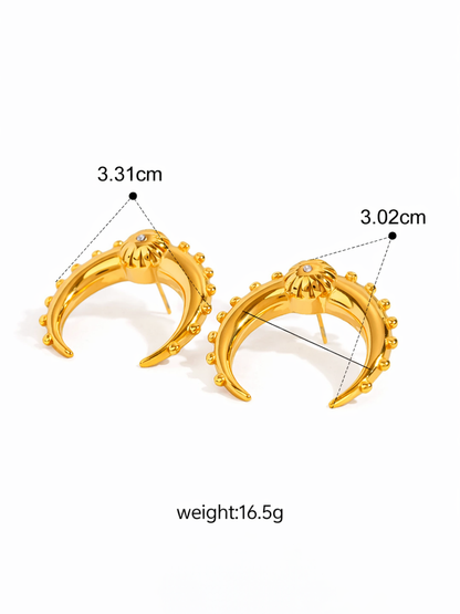 18KT Gold-Plated Crescent Moon Bead Dot Statement Stud Earrings