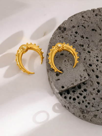 18KT Gold-Plated Crescent Moon Bead Dot Statement Stud Earrings