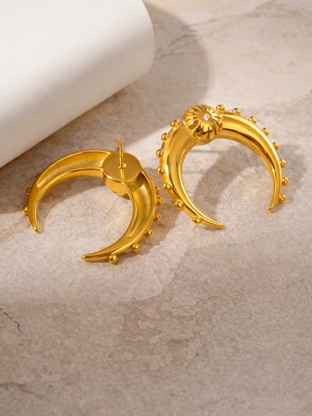 18KT Gold-Plated Crescent Moon Bead Dot Statement Stud Earrings