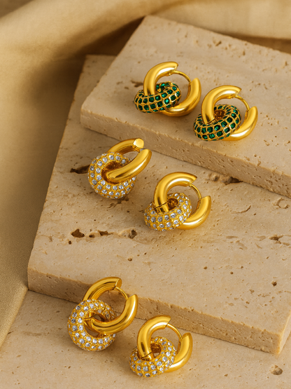 18KT Gold-Plated Pave Interlock Hoop Earrings