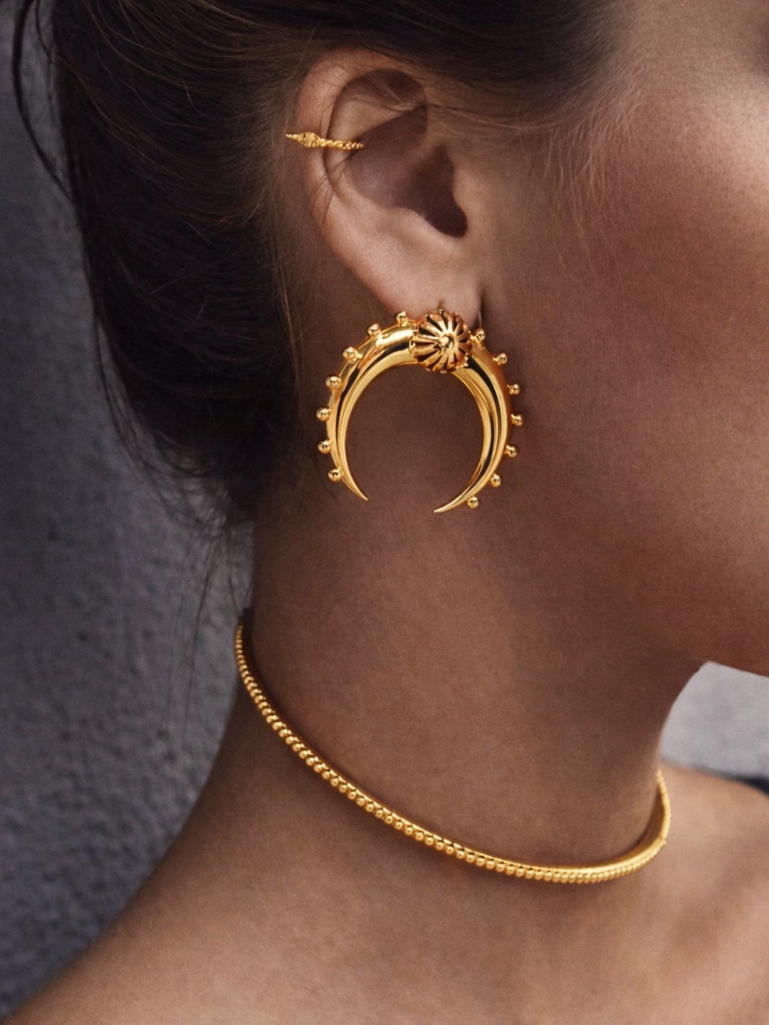 18KT Gold-Plated Crescent Moon Bead Dot Statement Stud Earrings