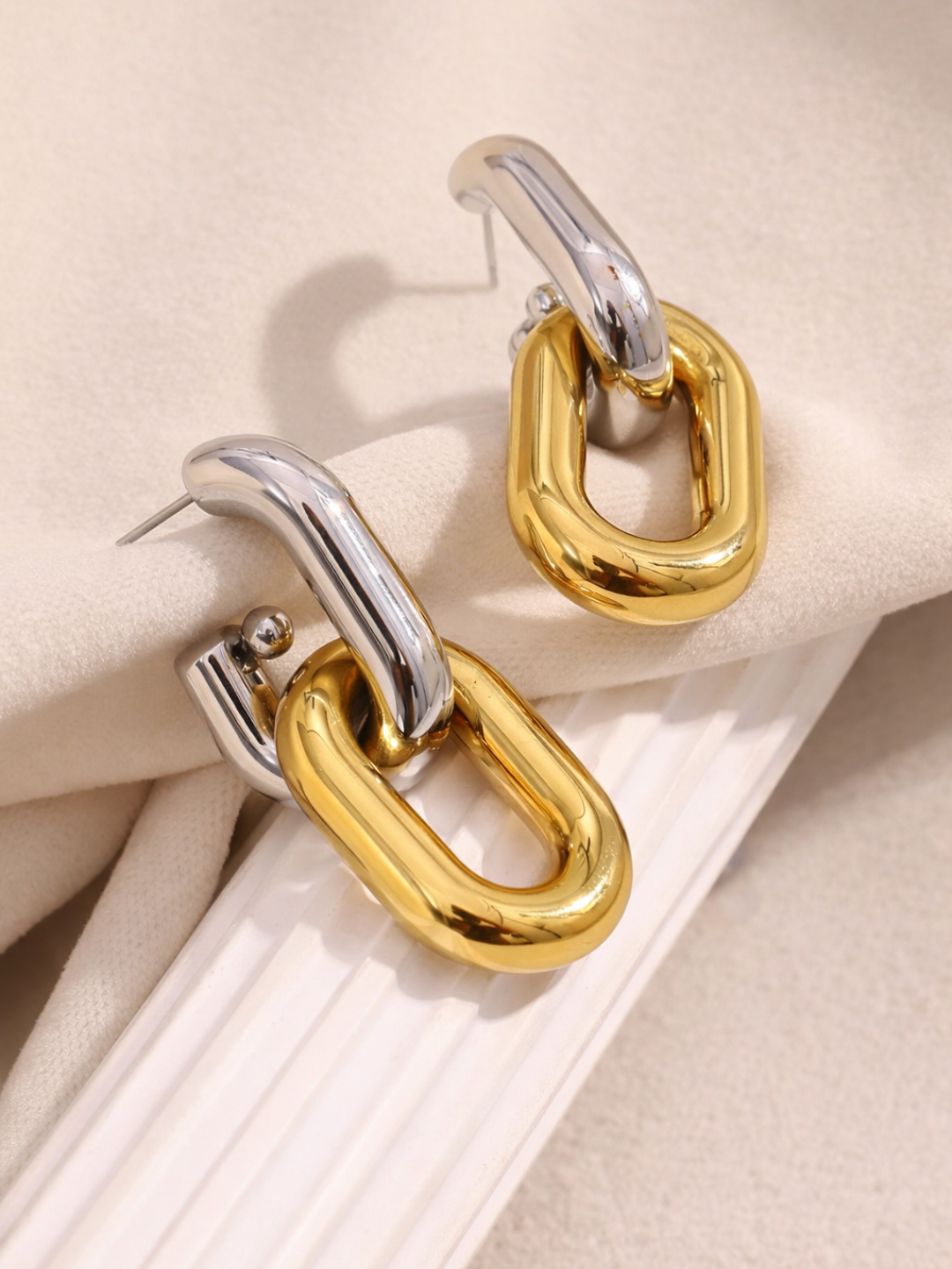 Two-Tone Tube Link Drop Earrings