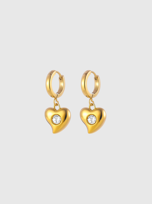 18KT Gold-Plated Puff Heart Shape Zircon Drop Hoop Earrings
