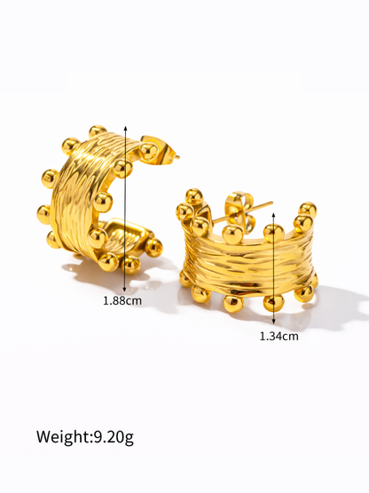 18KT Gold-Plated Textured Bead Dot "C" Shape Hoop Earrings