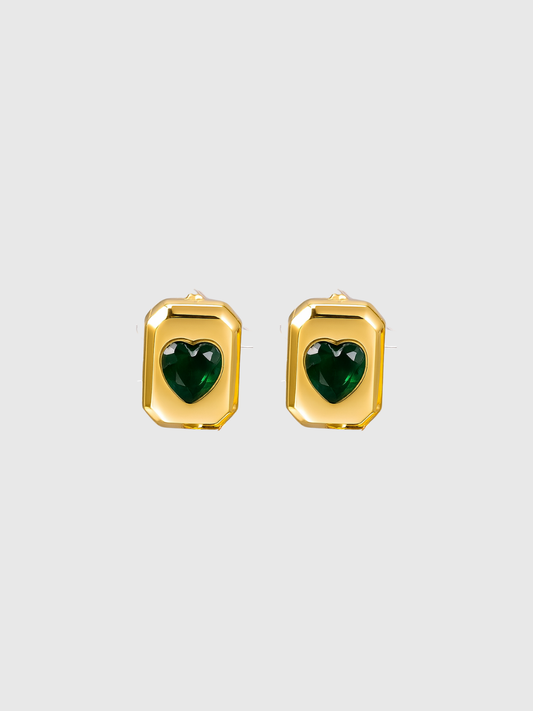 18KT Gold-Plated Square Heart Shape Emerald Rhinestones Stud Earrings