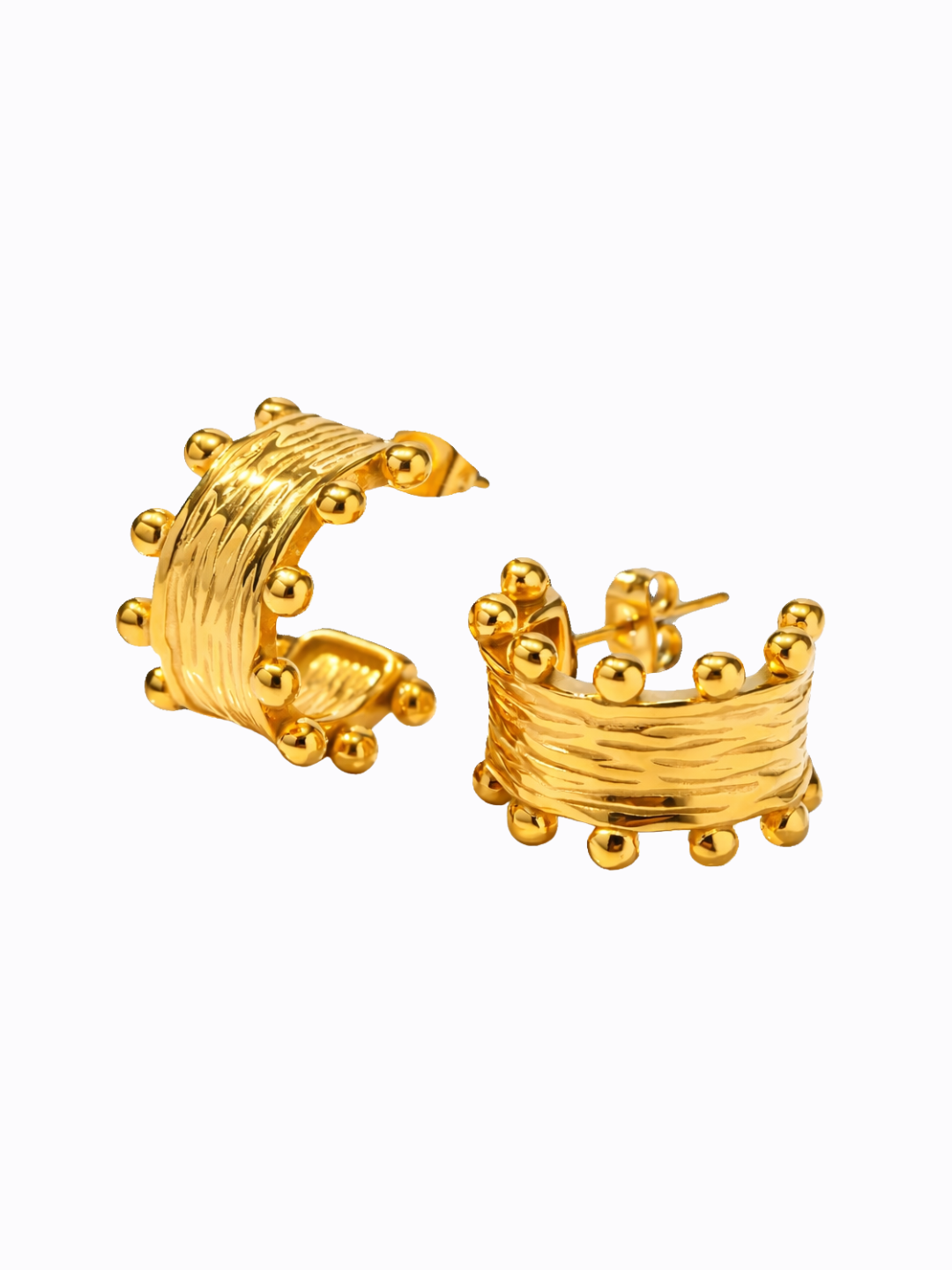 18KT Gold-Plated Textured Bead Dot "C" Shape Hoop Earrings