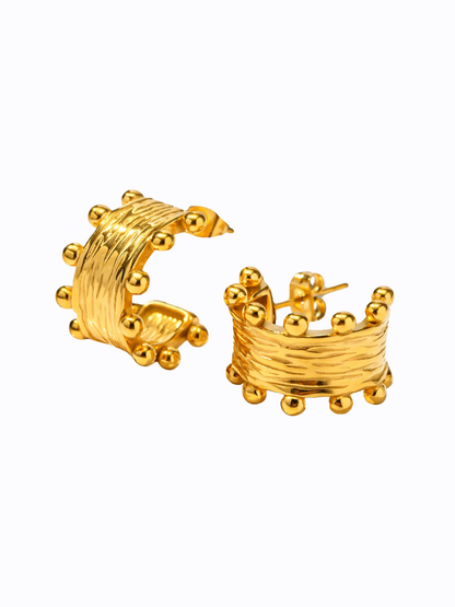 18KT Gold-Plated Textured Bead Dot "C" Shape Hoop Earrings