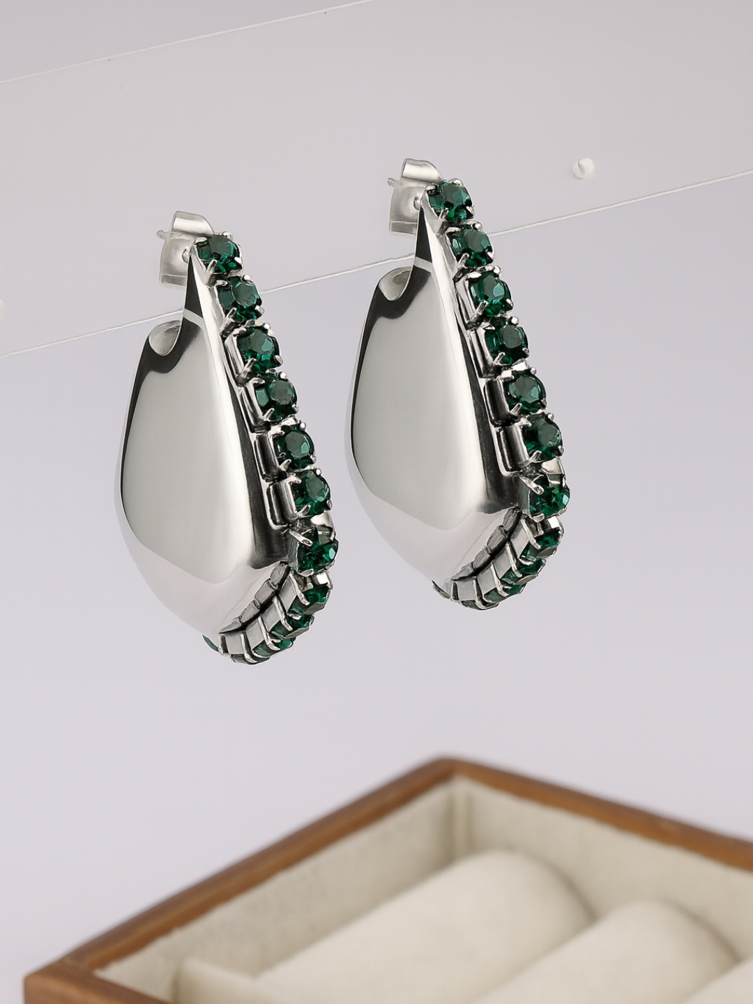 18KT Silver-Plated Green Tennis Chain Edge Statement Earrings