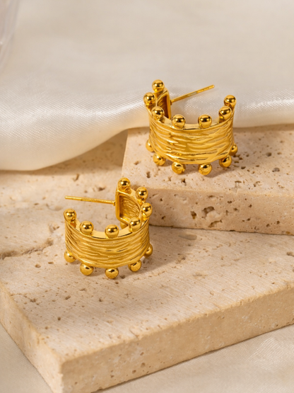 18KT Gold-Plated Textured Bead Dot "C" Shape Hoop Earrings