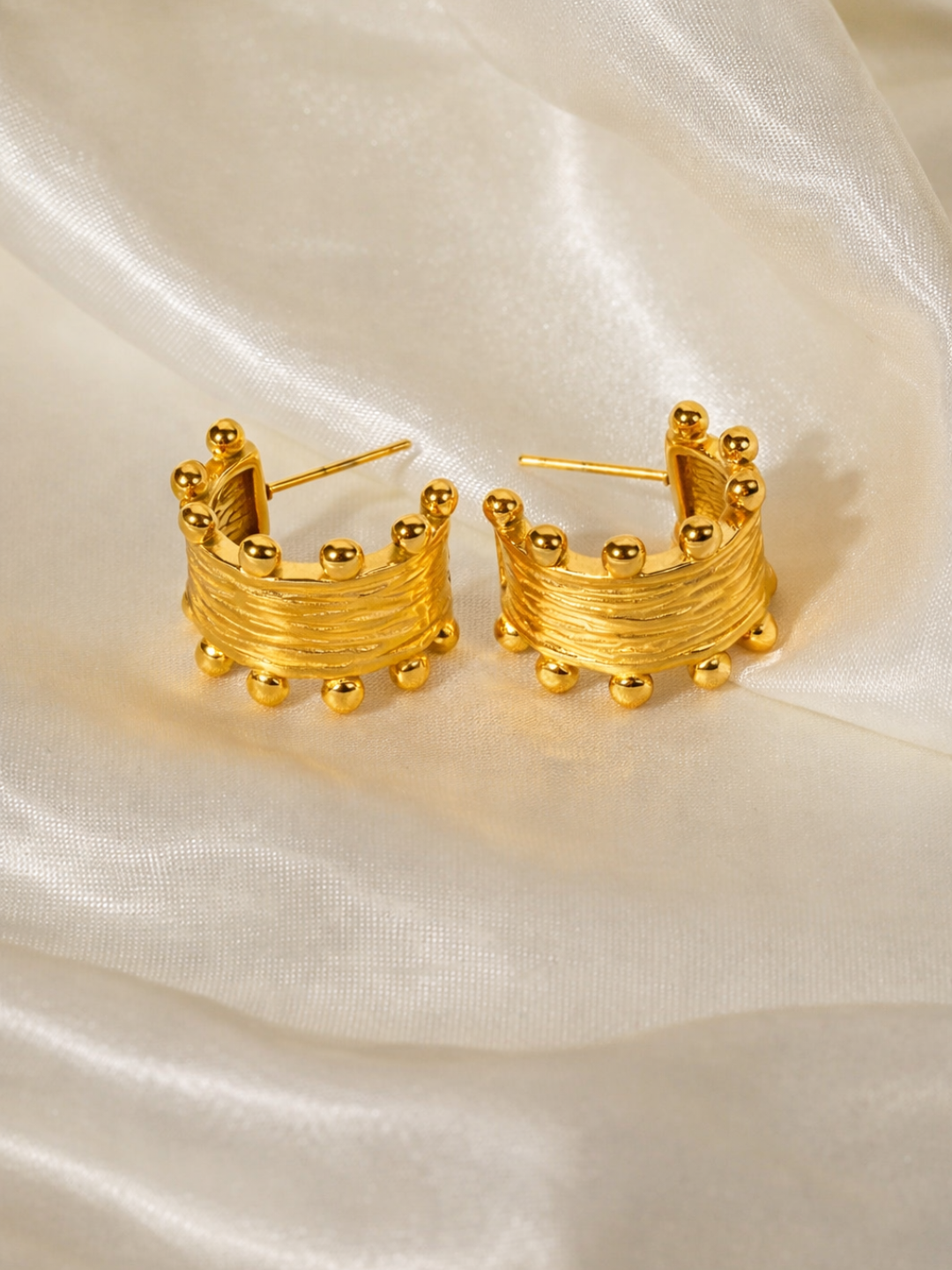 18KT Gold-Plated Textured Bead Dot "C" Shape Hoop Earrings