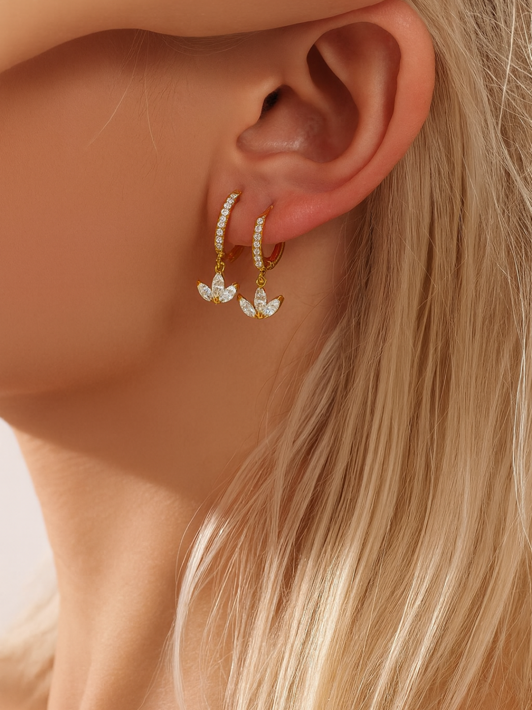 18KT Gold-Plated 3 Leaf Drop CZ Huggies Hoop Earrings