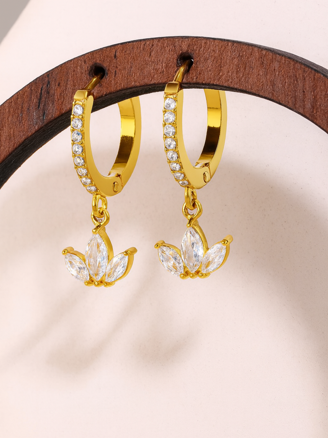 18KT Gold-Plated 3 Leaf Drop CZ Huggies Hoop Earrings