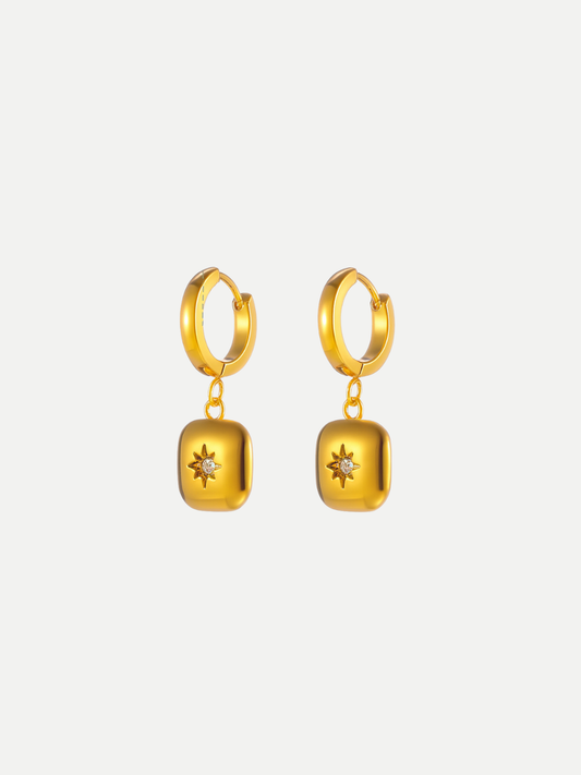 18KT Gold-Plated Puff Square Shape Star Zircon Drop Hoop Earrings