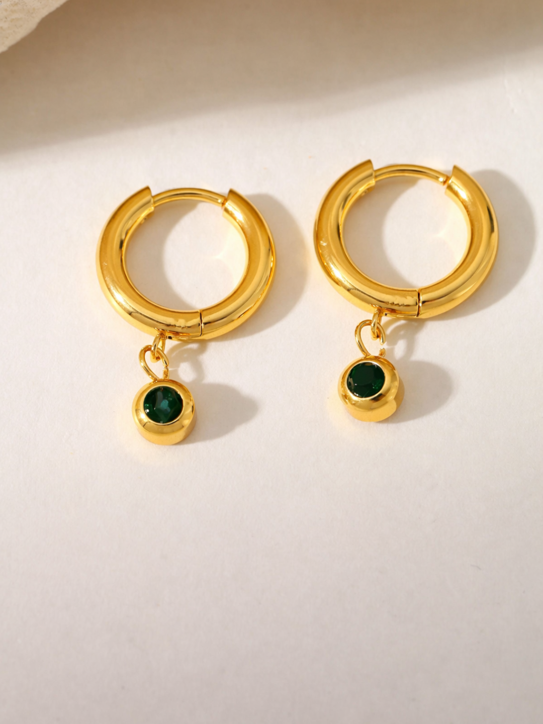 18KT Gold-Plated Round Green Zircon Drop Huggies Hoop Earrings