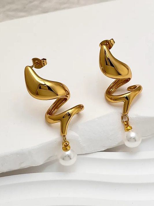 18KT Gold-Plated Sprial Pearl Dangling Earrings