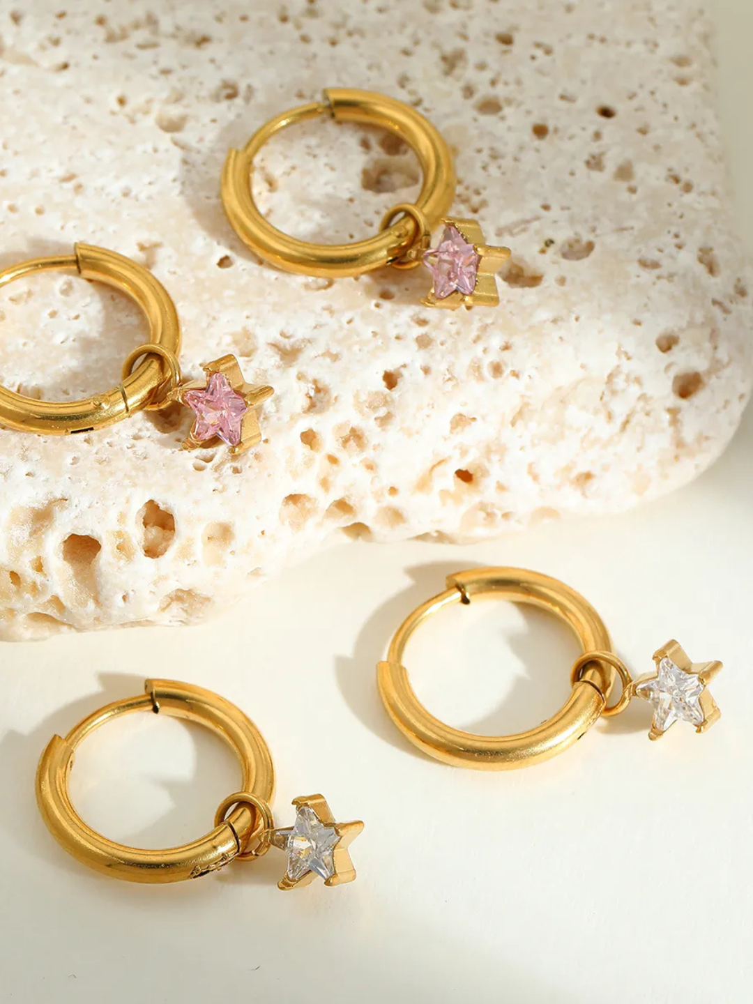 18KT Gold-Plated CZ Star Drop Huggies Hoop Earrings