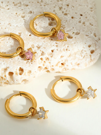 18KT Gold-Plated CZ Star Drop Huggies Hoop Earrings