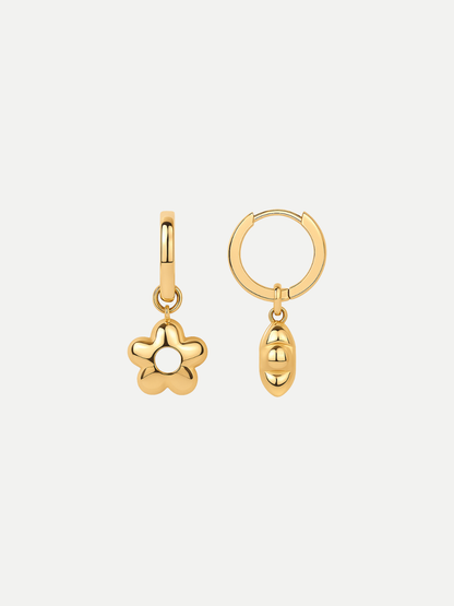 18KT Gold-Plated Bubble Flower Drop Huggies Hoop Earrings