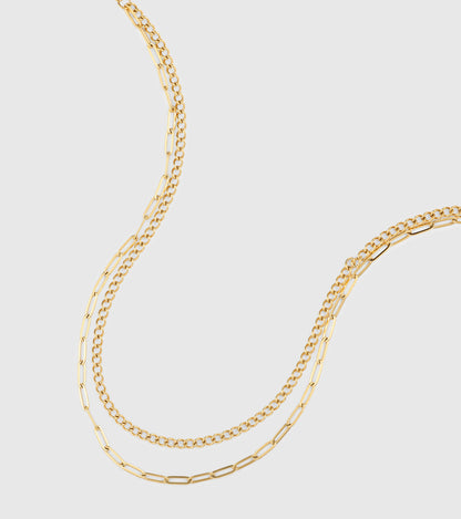 Gold Curb & Paperclip Double Layer Chain Necklace - OUZEL