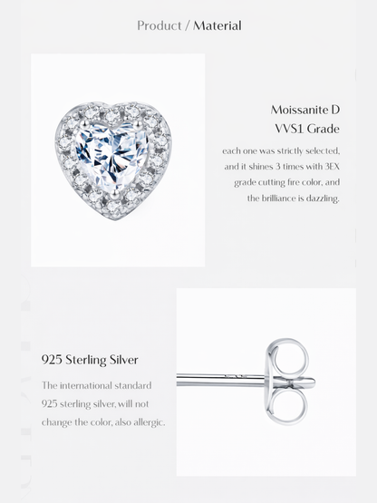 925 Sterling Silver 0.6 Karat Moissanite Heart Shape Stud Earrings