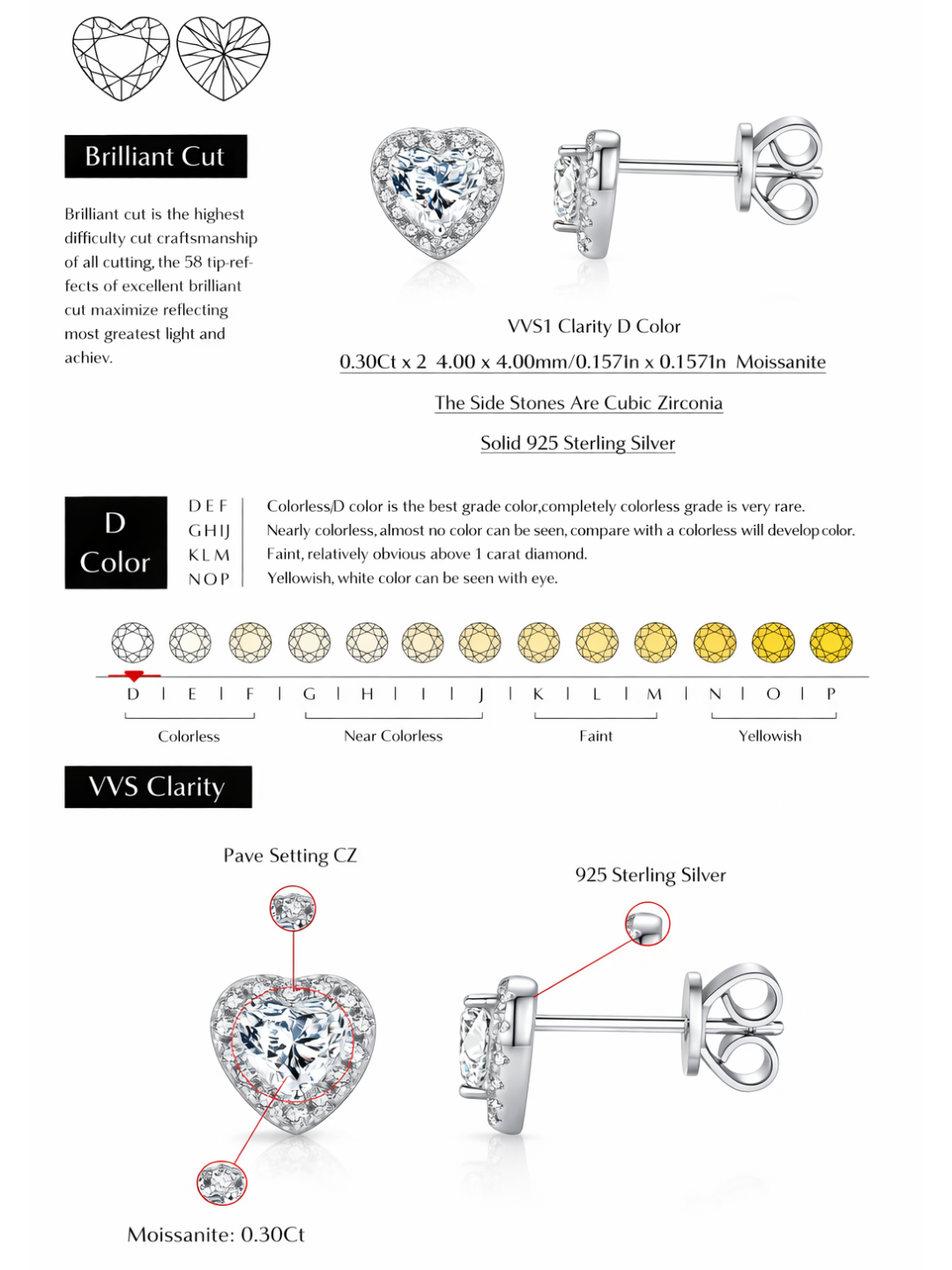 925 Sterling Silver 0.6 Karat Moissanite Heart Shape Stud Earrings