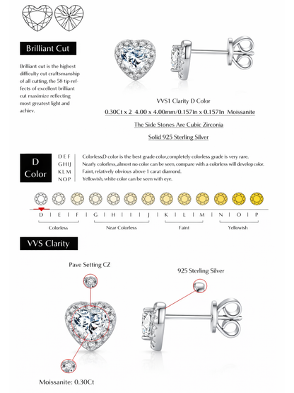 925 Sterling Silver 0.6 Karat Moissanite Heart Shape Stud Earrings