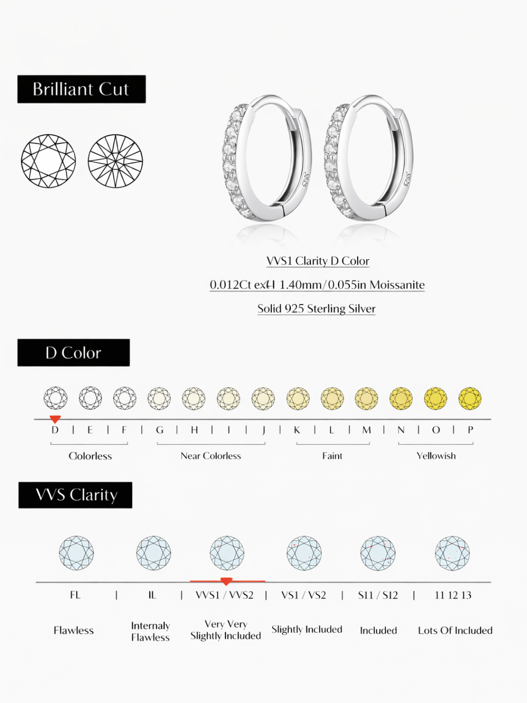 925 Sterling Silver Moissanite Minimalist Hoop Earrings