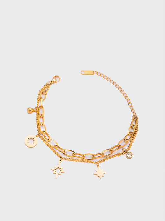 18KT Gold-Plated Layered Curb Chain & Cable Chain Star Charm Bracelet