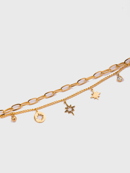 18KT Gold-Plated Women’s Layered Curb &amp; Cable Chain Bracelet with Star Charm &amp; Lobster Clasp | Waterproof, Hypoallergenic, Tarnish-Free