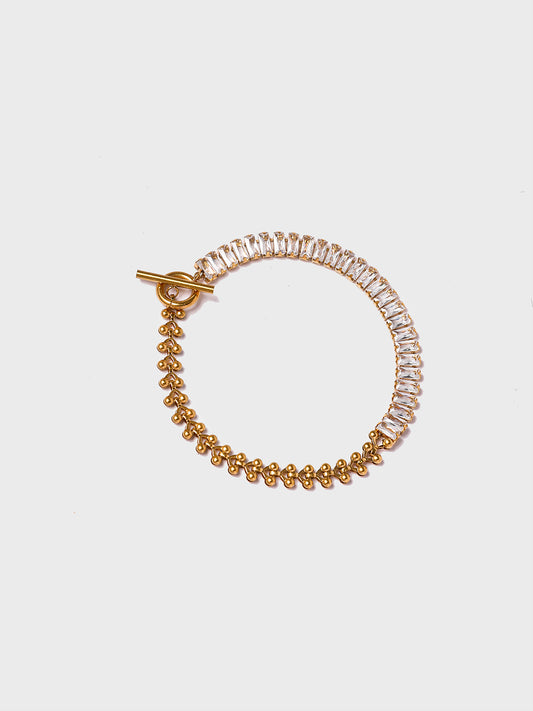 18KT Gold-Plated Women’s Half Gold Chain Bracelet with CZ Detailing &amp; T-Bar Toggle | Waterproof, Hypoallergenic, Tarnish-Free