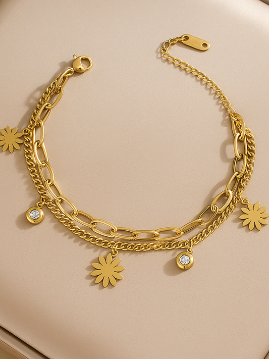 18KT Gold-Plated Layered Rhinestone Flower Decor Bracelet