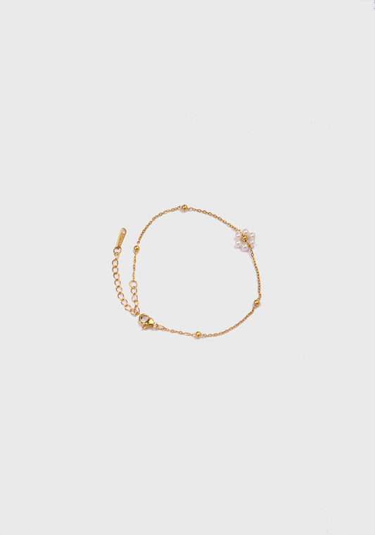 18KT Gold-Plated Women’s Dainty Chain Bracelet with Bead Flower &amp; Lobster Clasp | Waterproof, Hypoallergenic, Tarnish-Free
