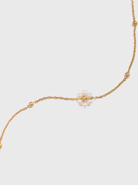 18KT Gold-Plated Women’s Dainty Chain Bracelet with Bead Flower &amp; Lobster Clasp | Waterproof, Hypoallergenic, Tarnish-Free