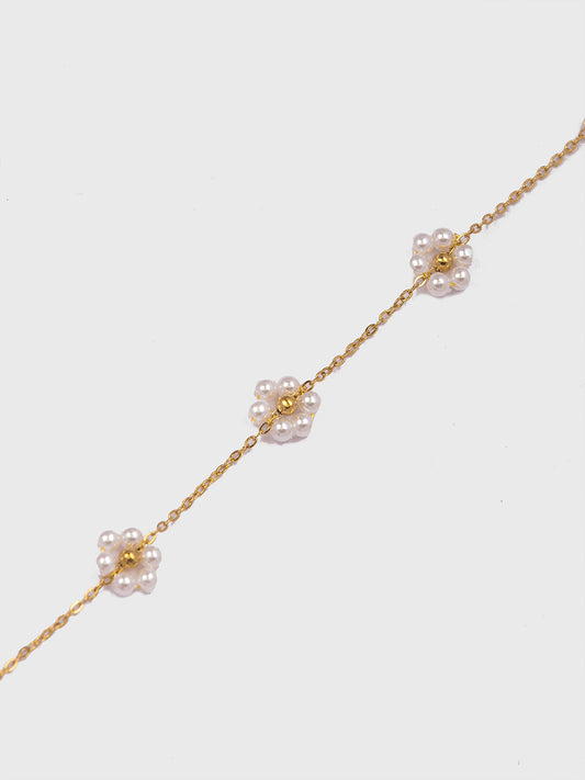 18KT Gold-Plated Women’s Dainty Chain Bracelet with 3 Bead Flowers &amp; Lobster Clasp | Waterproof, Hypoallergenic, Tarnish-Free