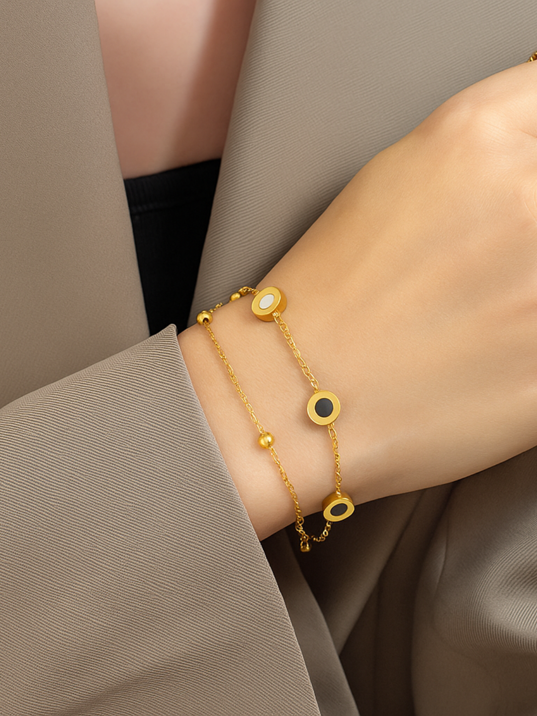 18KT Gold-Plated Layered Round and Beaded Chain Bracelet