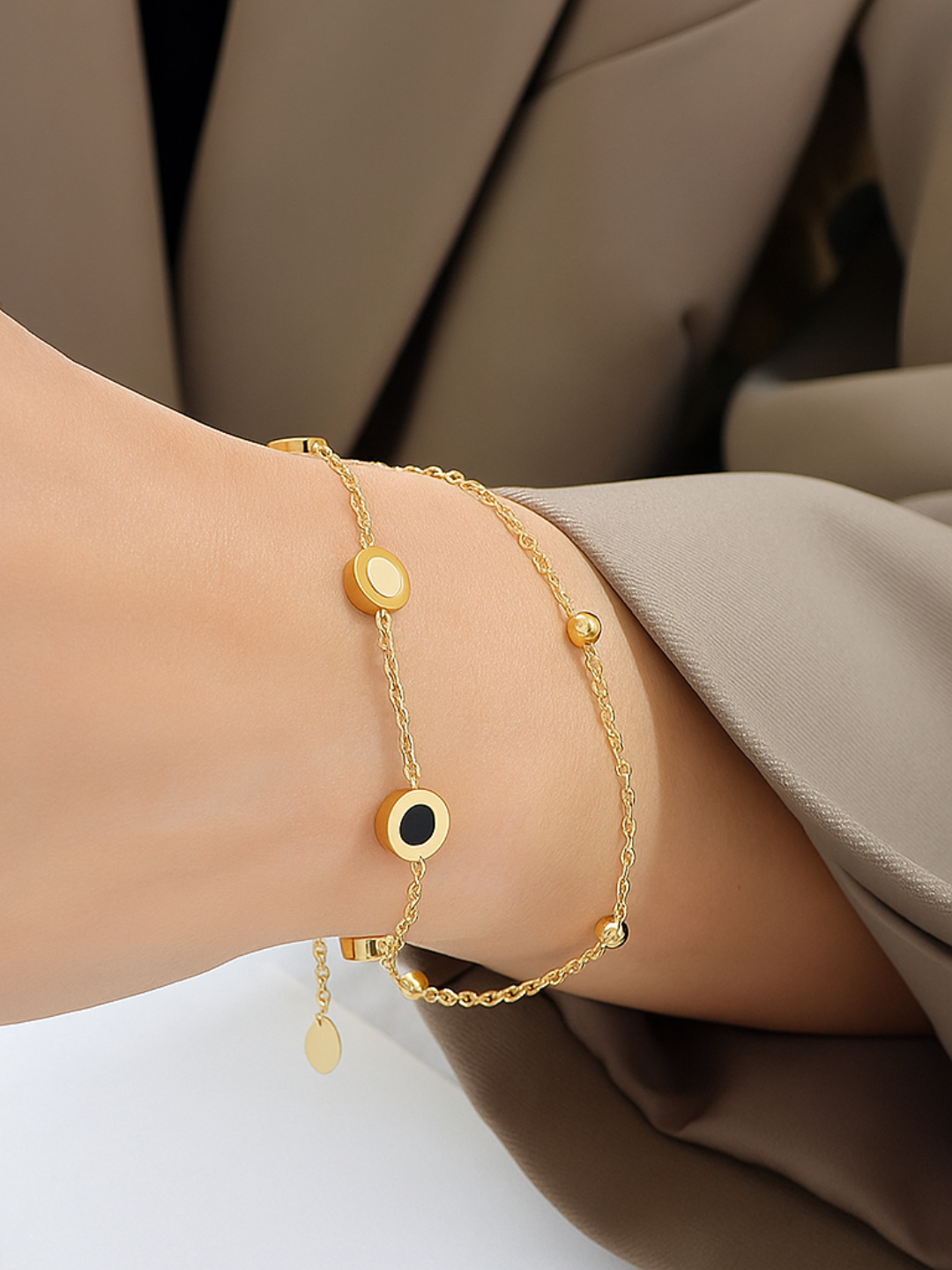 18KT Gold-Plated Layered Round and Beaded Chain Bracelet