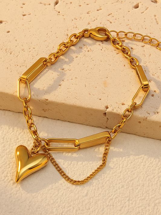 18KT Gold-Plated Heart Charm Chain Bracelet